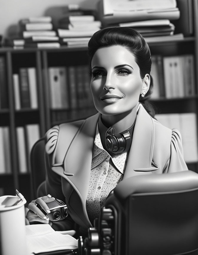 Monochrome image of woman with headphones at desk, holding pen and notepad