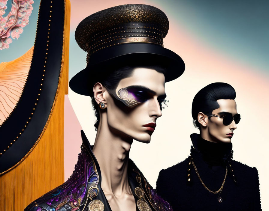 Stylized figures with avant-garde makeup and fashion in ornate top hat, against harp