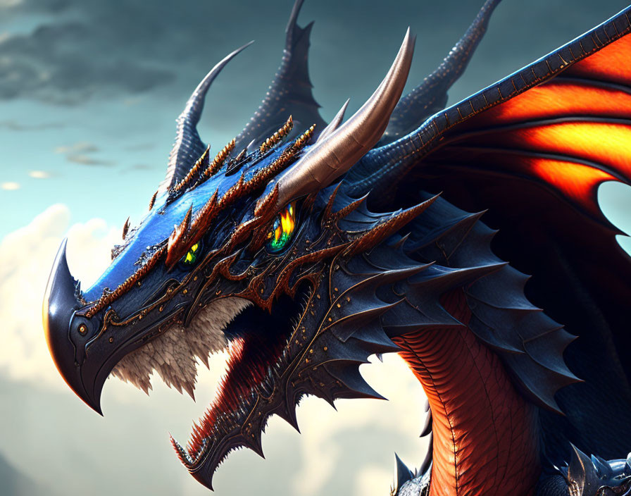 Detailed Dragon with Orange Scales and Green Eyes in Cloudy Sky