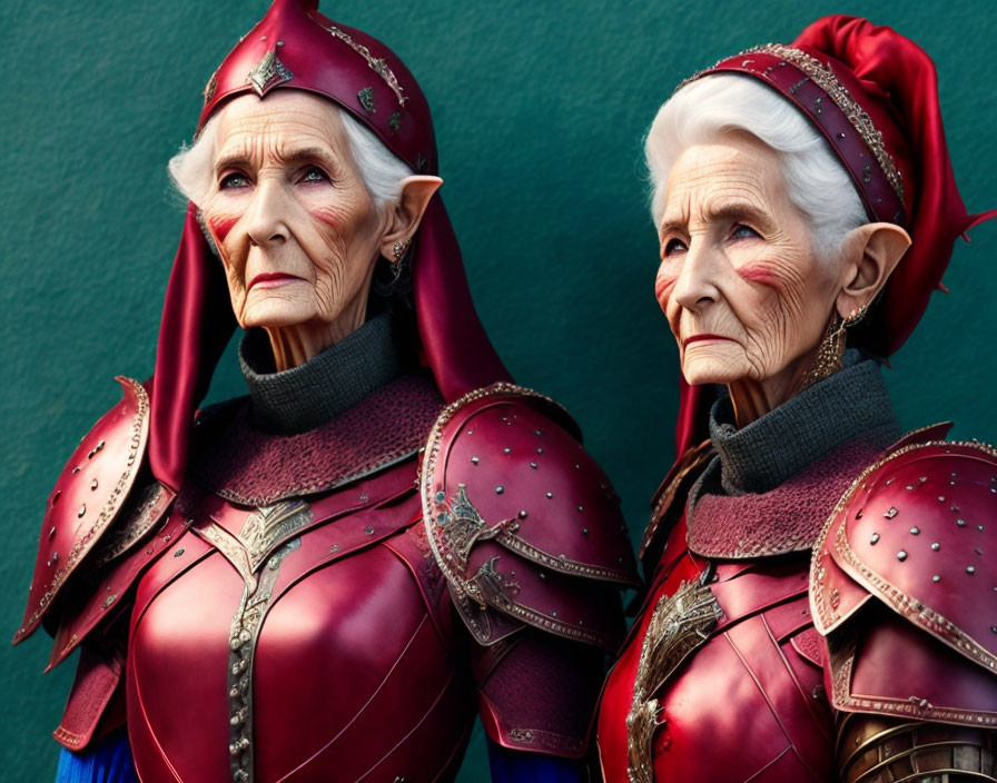 Elderly women in red and burgundy armor with shoulder pads on green backdrop