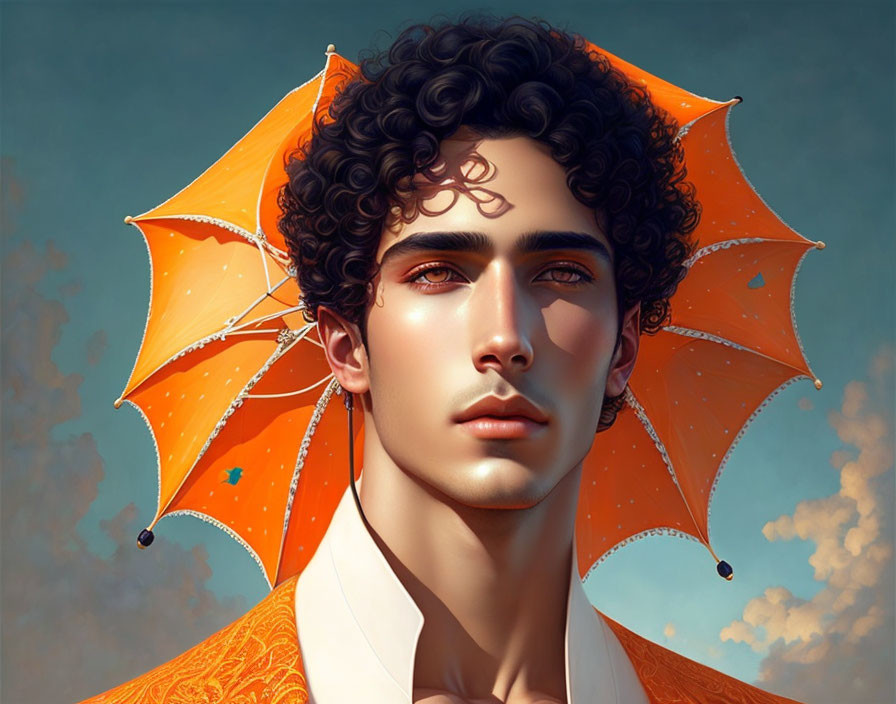 Man with Curly Hair Holding Orange Umbrella in Sky Illustration