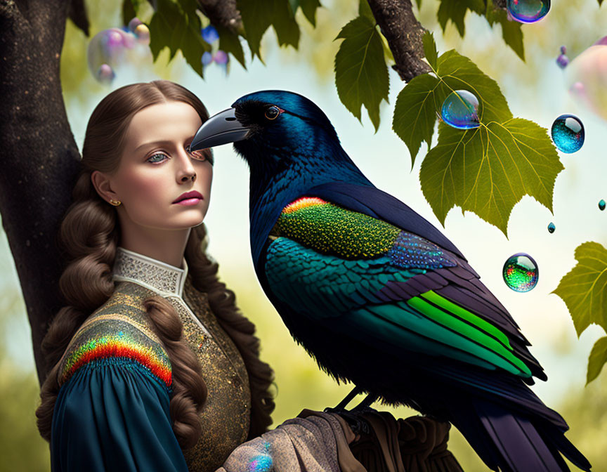 Vintage-clad woman with colorful raven in nature setting