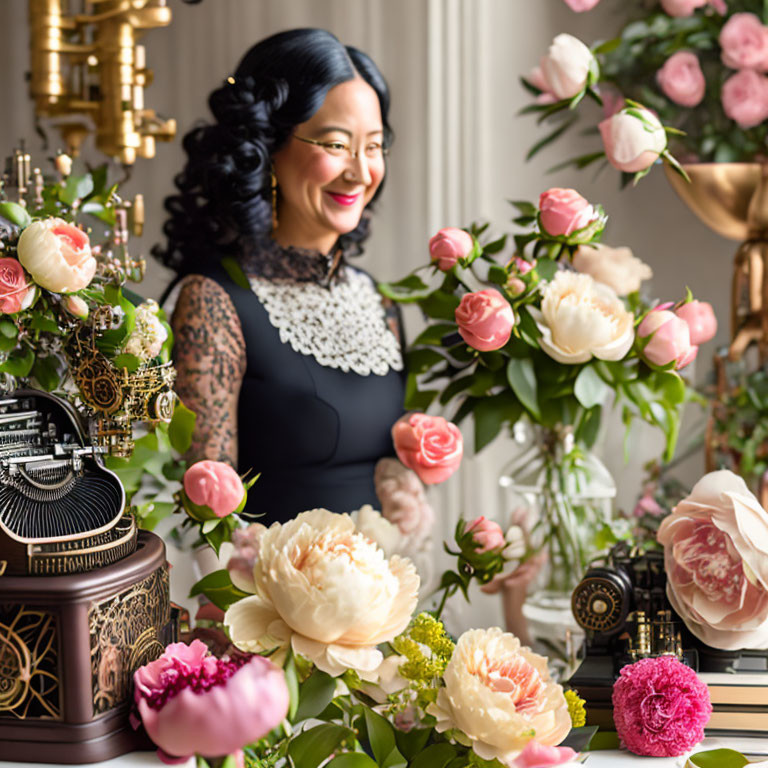 Smiling woman in black dress with peonies and vintage typewriter