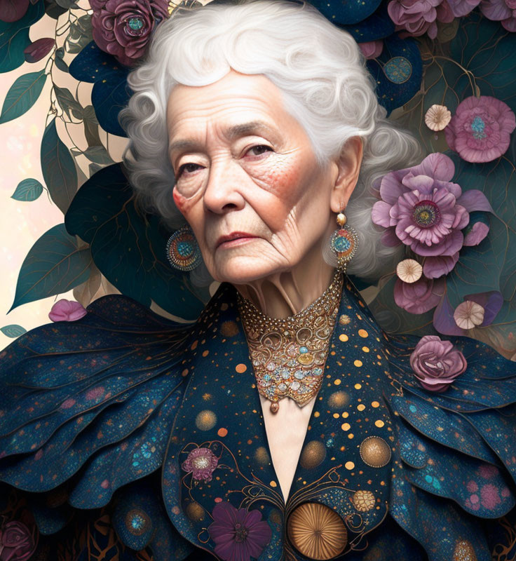 Elderly woman in blue ornate garment with white hair and intricate jewelry on floral backdrop