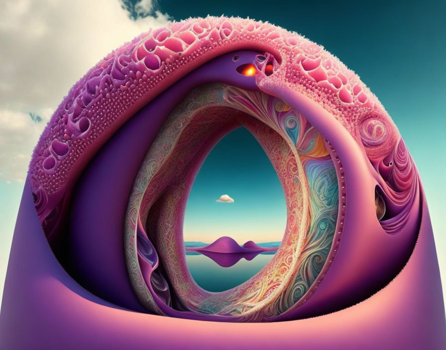 Surreal fractal landscape with pink and purple tones and looping structure