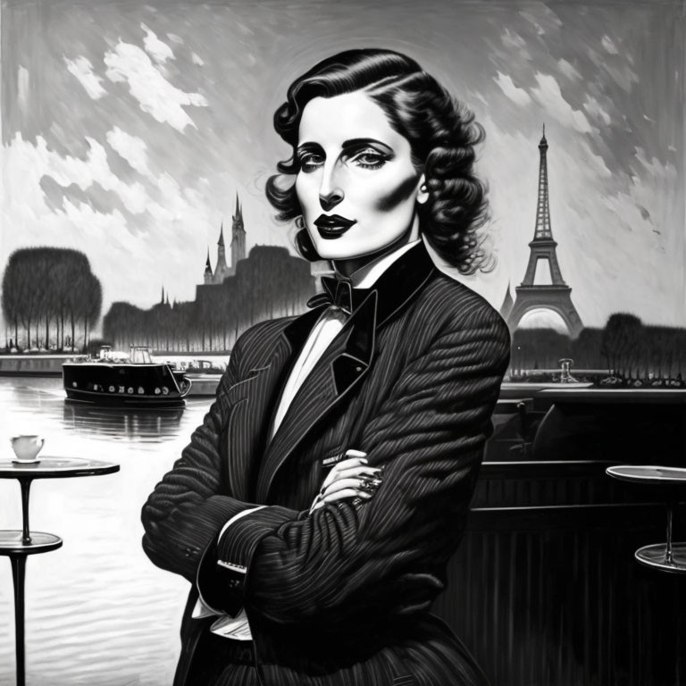 Monochrome artwork of a woman in a suit by the river with Eiffel Tower & boat.