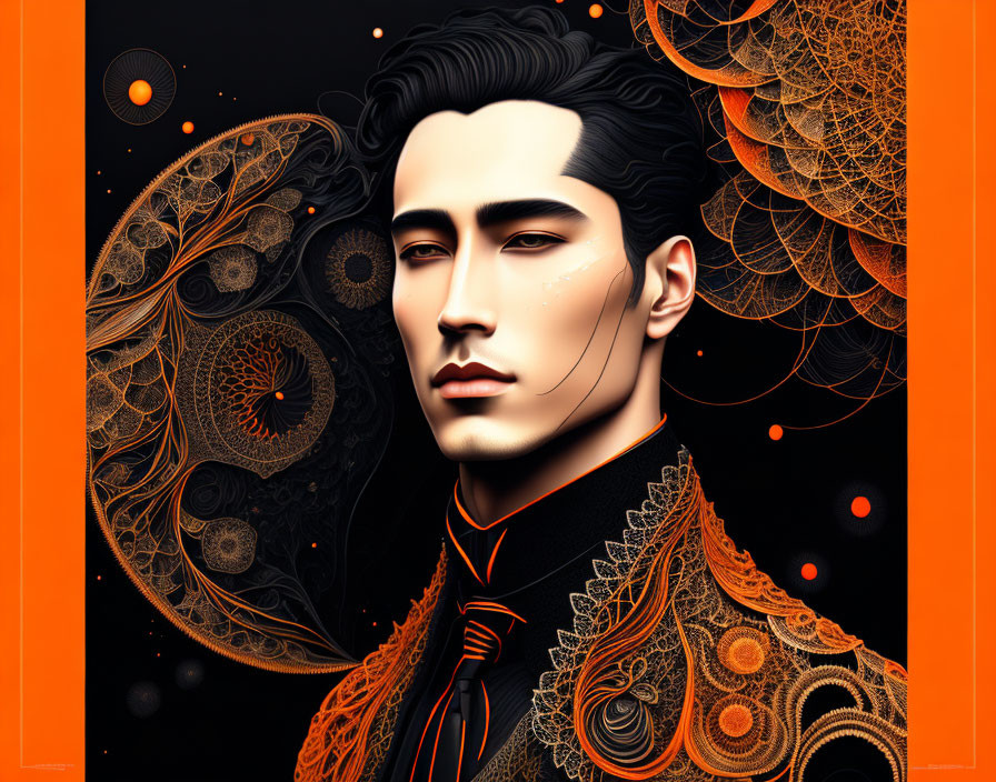 Detailed Black and Orange Digital Portrait with Ornate Patterns