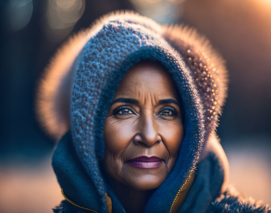 Serene senior woman in hooded coat under golden sunlight