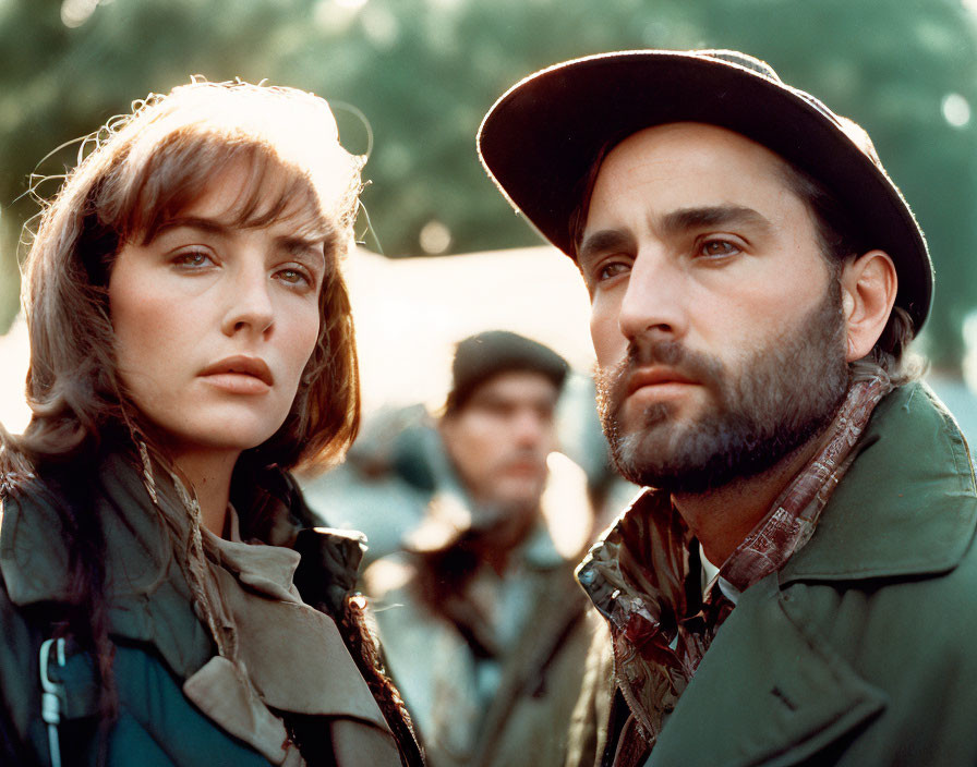 Bearded man and woman in military attire sharing emotional moment