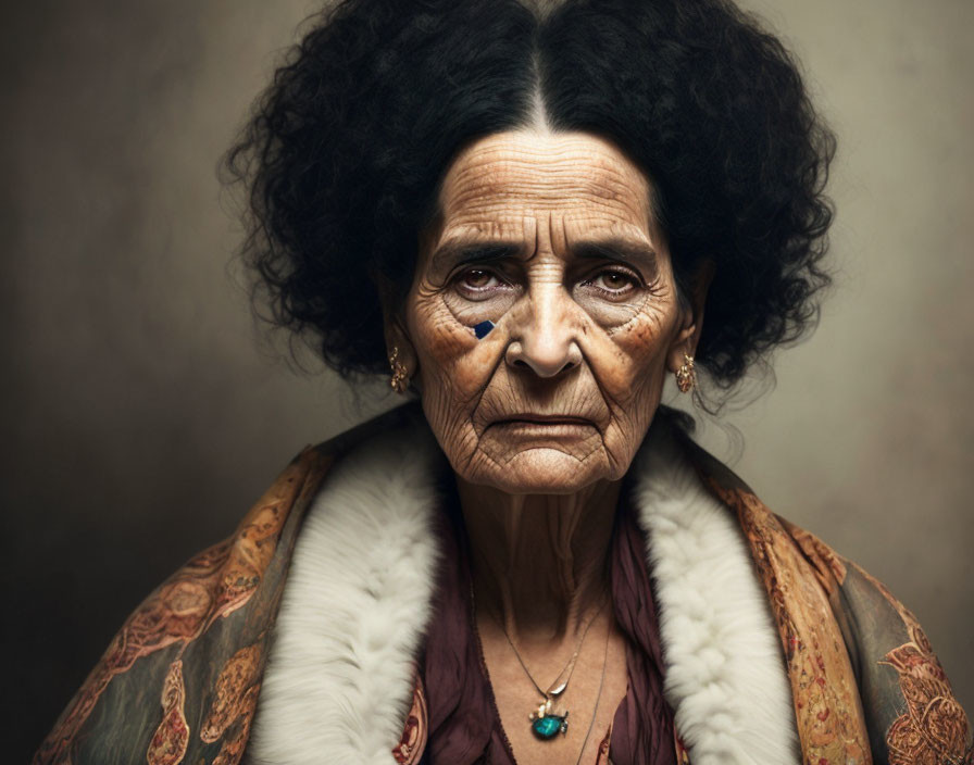 Elderly woman with wrinkles and piercing eyes in black hair and shawl