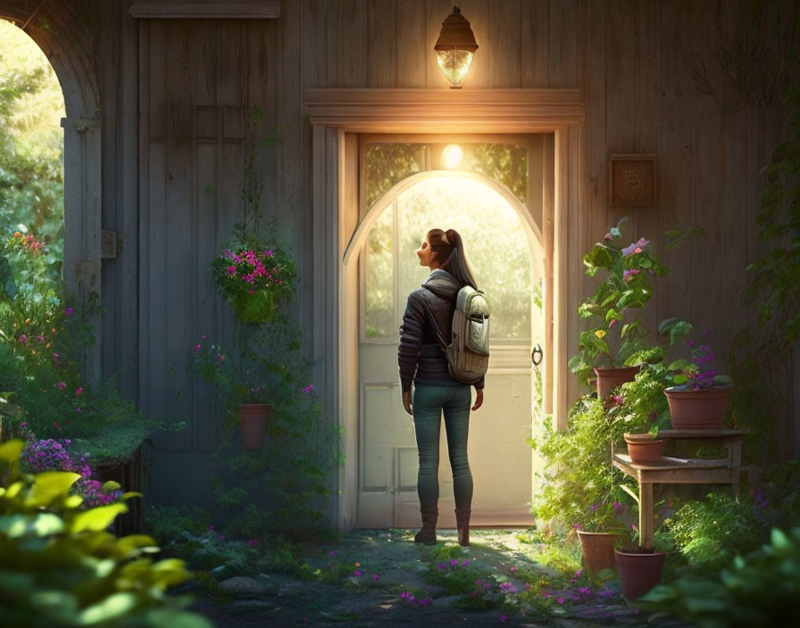 Backpacker at cozy doorway with lush greenery and lantern light