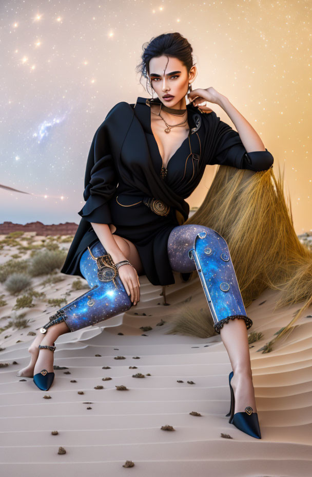 Woman in Black Outfit Poses on Sand Dune under Starlit Sky