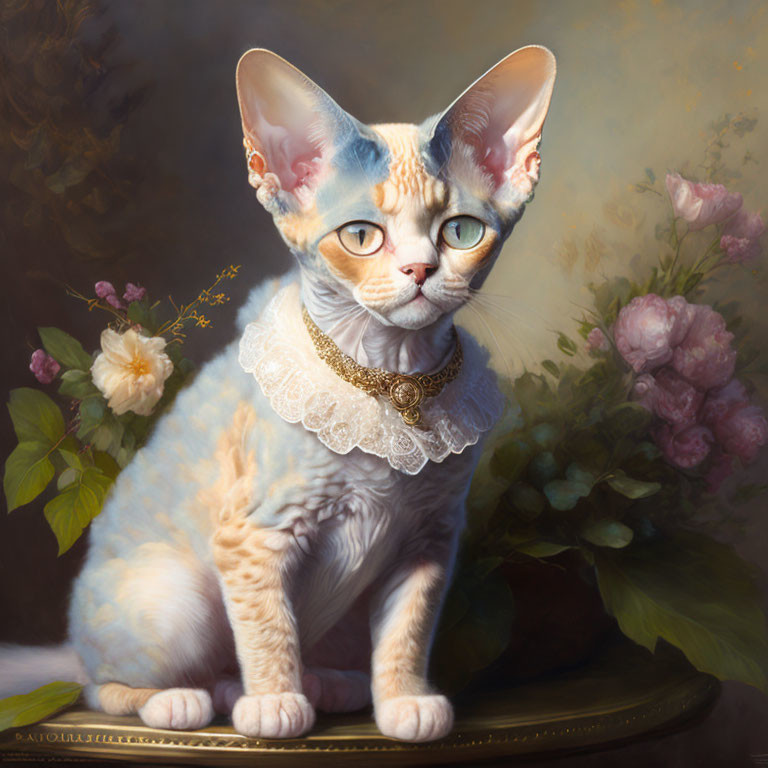 Regal sphynx cat with lace collar in floral setting