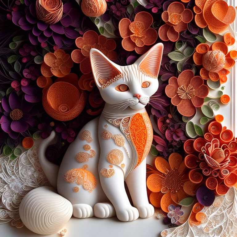 White Cat with Orange and White Patterns Surrounded by Paper Quilling Flowers in Purple, Orange, and