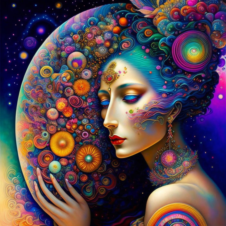 Colorful Artwork of Woman with Cosmic and Floral Patterns