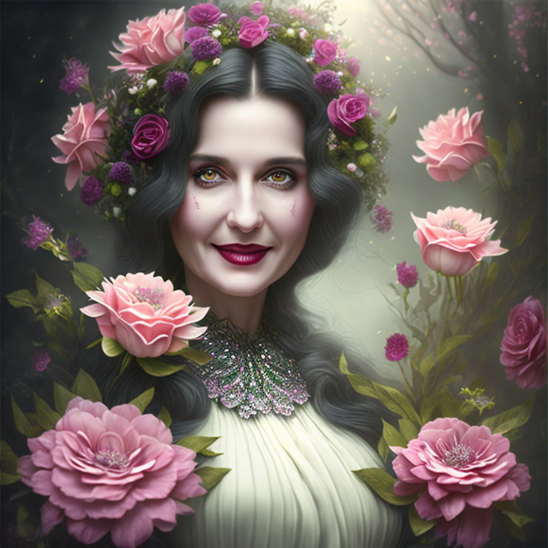 Woman with Dark Hair in Floral Crown Surrounded by Pink Roses and Necklace on Mystical Background