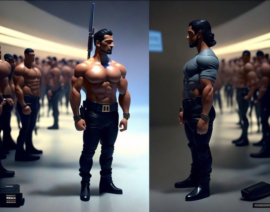 Muscular action figure with sword surrounded by rows of identical figures