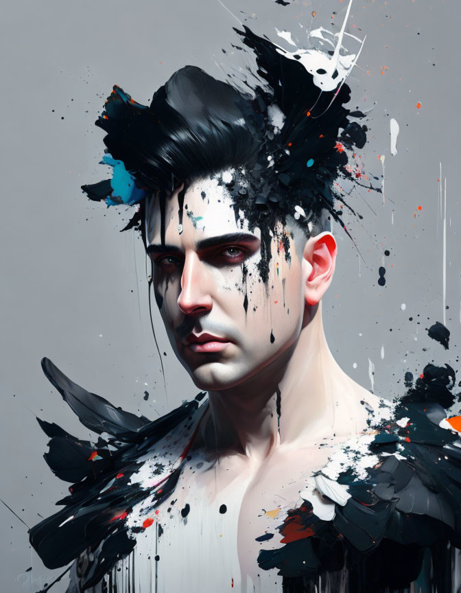 Striking digital portrait with dynamic black and white paint splashes