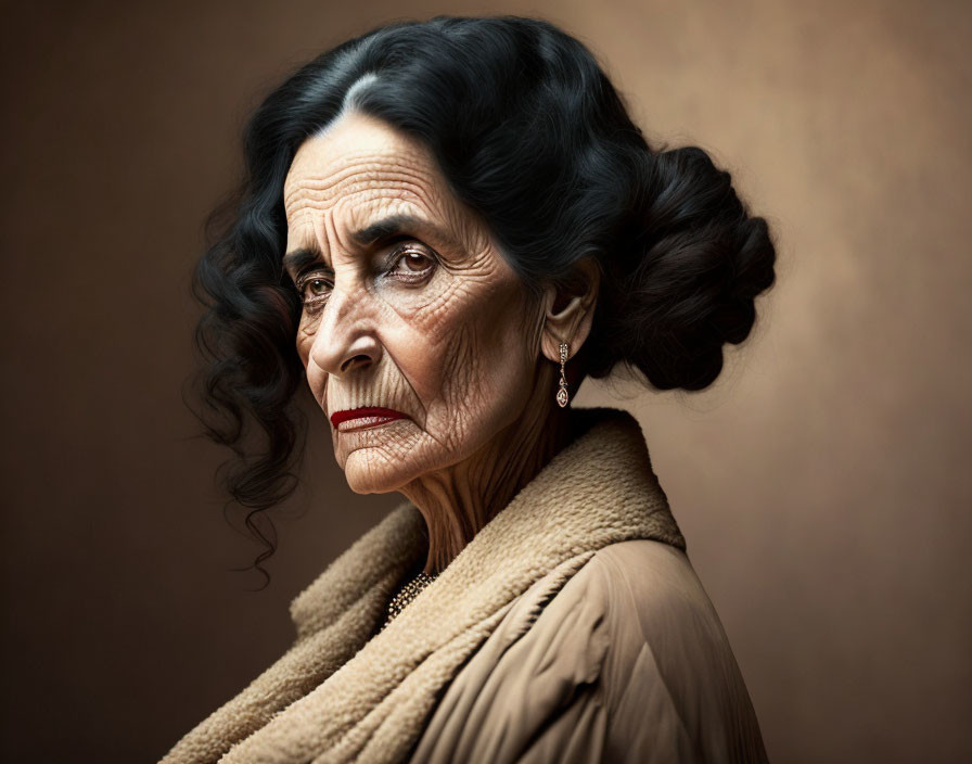 Elderly woman with wrinkles, dark hair, pearl earrings, and beige shawl gazes sideways