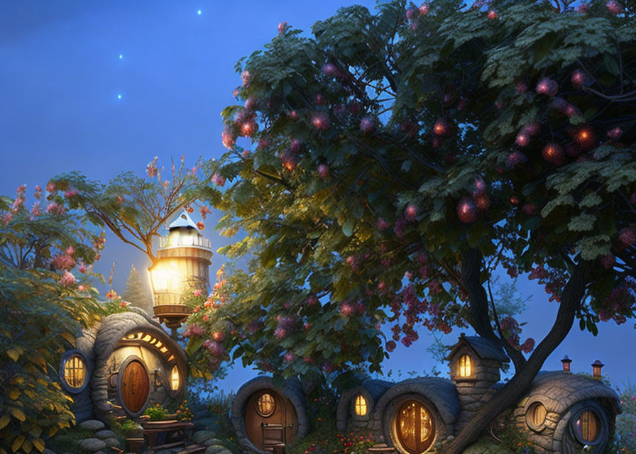 Whimsical evening scene: cozy house under glowing tree, lush greenery, magical sky