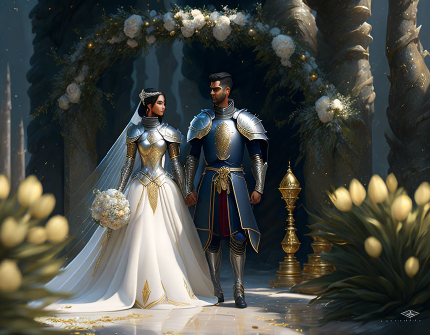 Medieval armor couple in fantasy wedding illustration