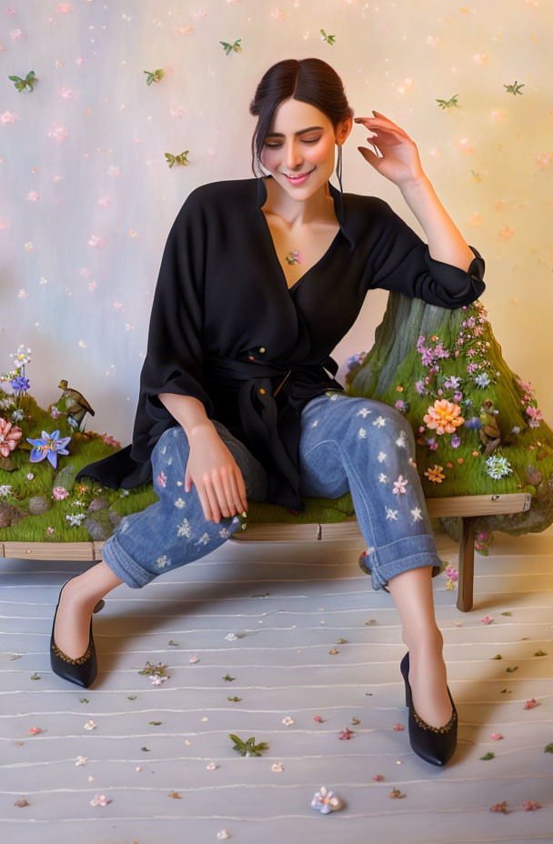 Woman in black blouse and jeans on floral bench in spring-themed setting