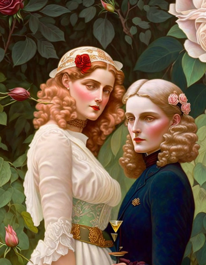 Vintage Attire Women Among Roses in White and Blue Hats