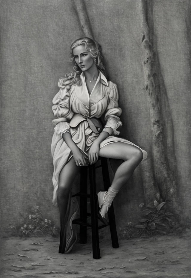 Monochrome image of woman in ballet attire on stool