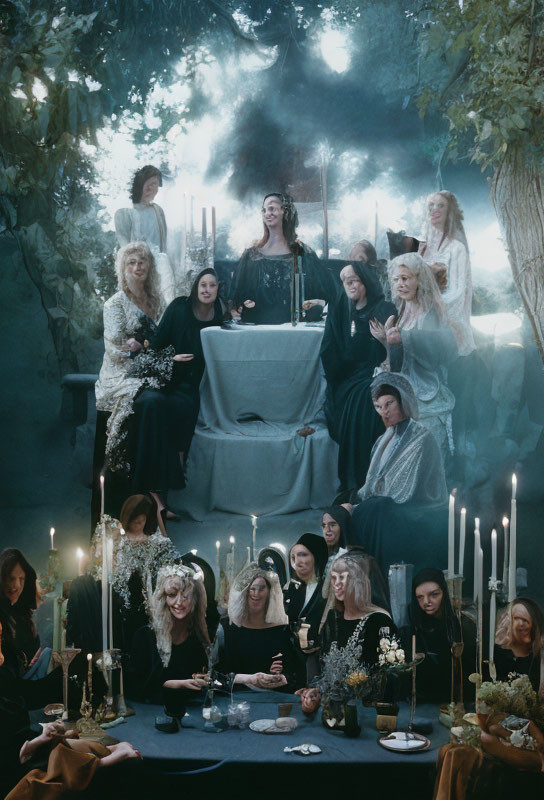 Group in Period Attire Gathered Around Table in Mystical Setting