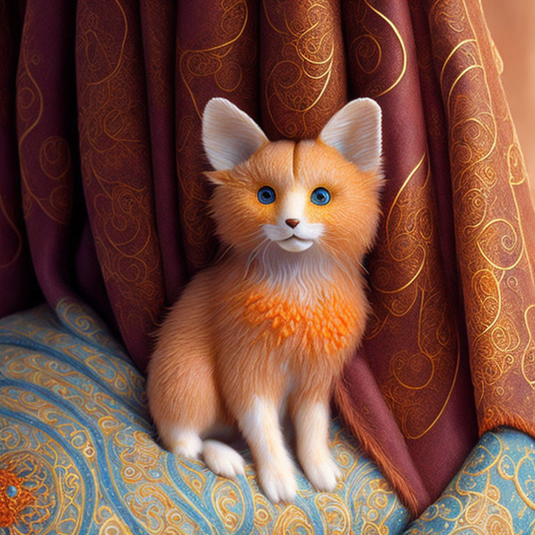 Fluffy orange creature with blue eyes against patterned background