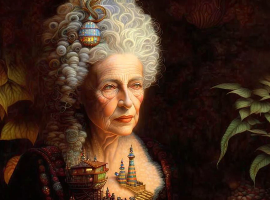 Elderly woman with white hair, buildings, hot-air balloon, and floral background