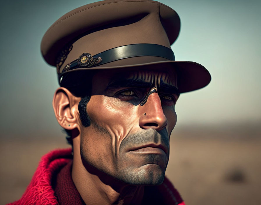 Digital artwork of stern-faced male figure in military uniform with cap against desert backdrop