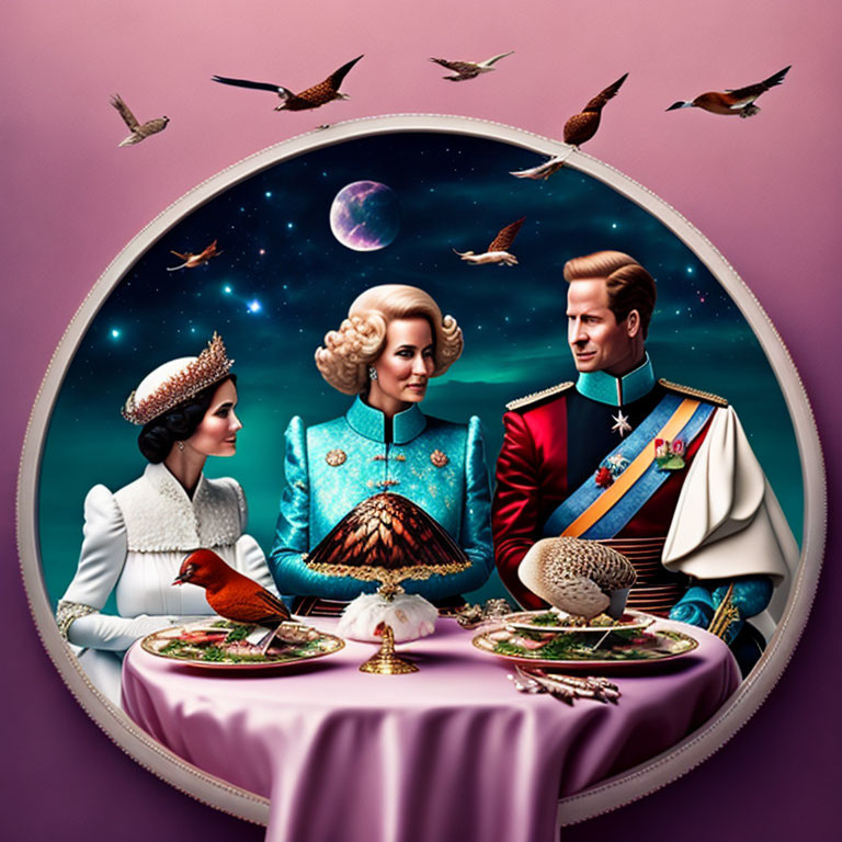 Regal individuals at table with surreal bird-filled space setting