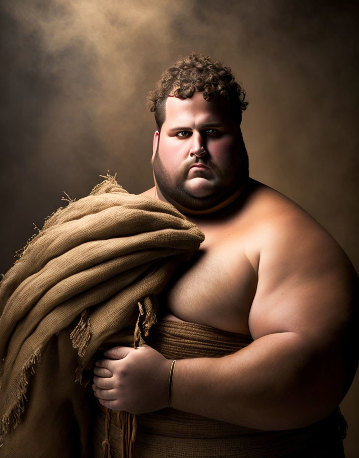 Portrait of a somber man in textured brown fabric against misty background