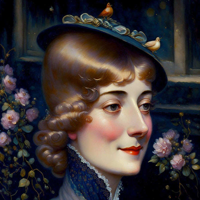 Classical portrait of woman with ornate hat and birds in dark, leafy background.