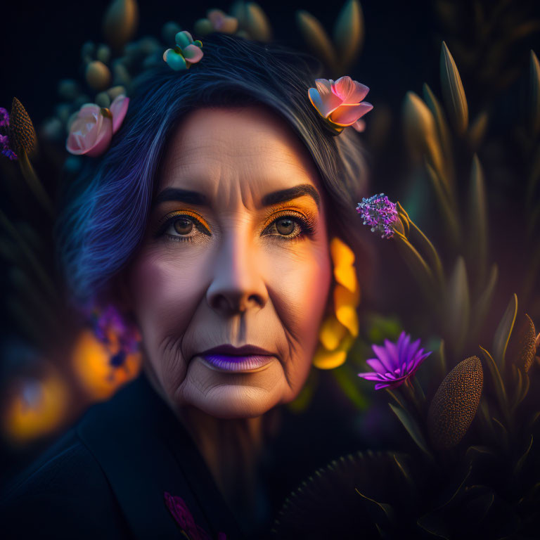 Woman with Striking Makeup Surrounded by Vibrant Flowers