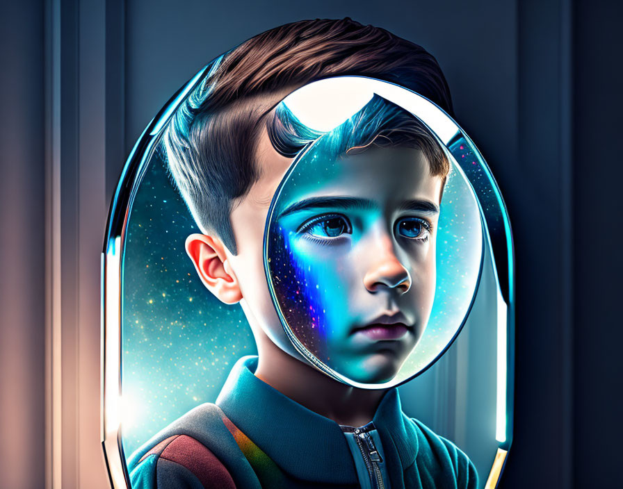 Young boy with cosmic patterns in circular frame on dark background