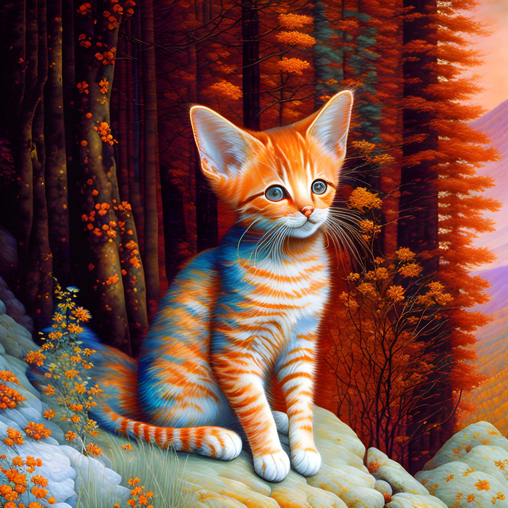 Orange Tabby Kitten in Autumn Forest with Blue Eyes