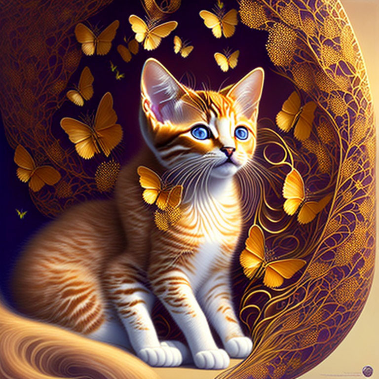 Orange Tabby Kitten with Golden Butterflies on Blue and Gold Background