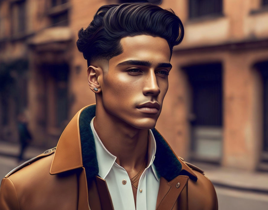 Fashionable man in tan jacket with green collar against old buildings