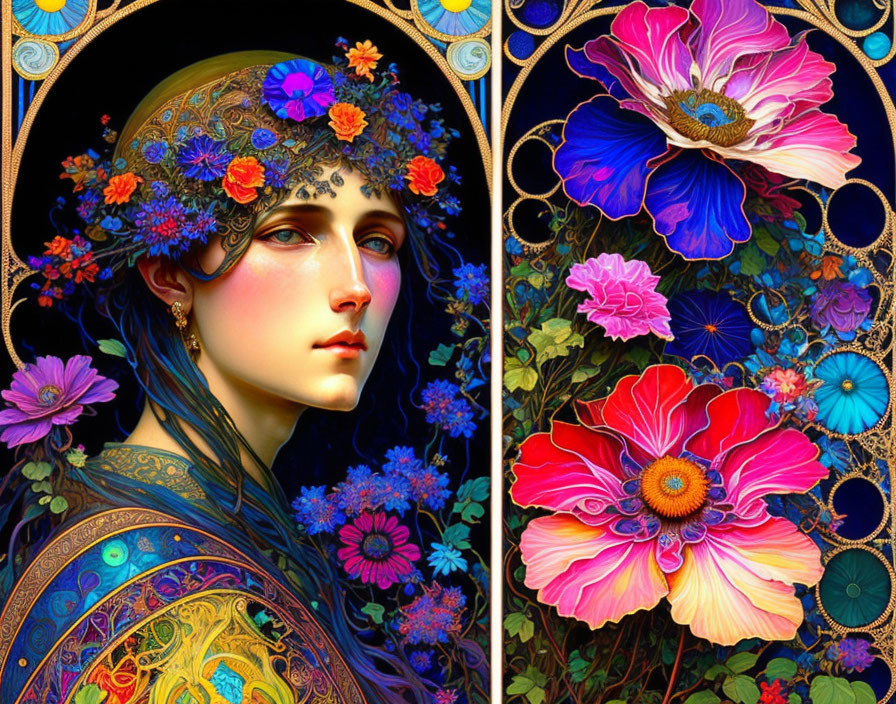 Colorful Floral Woman Illustration on Dark Art Nouveau Background