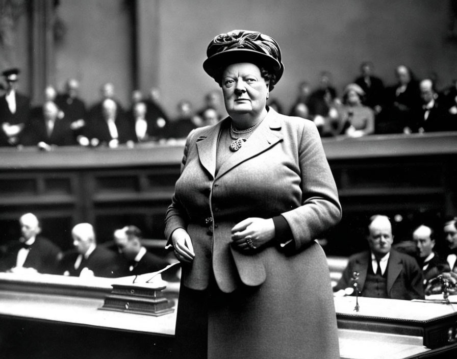 Vintage Attired Woman Standing at Podium with Seated Men in Background