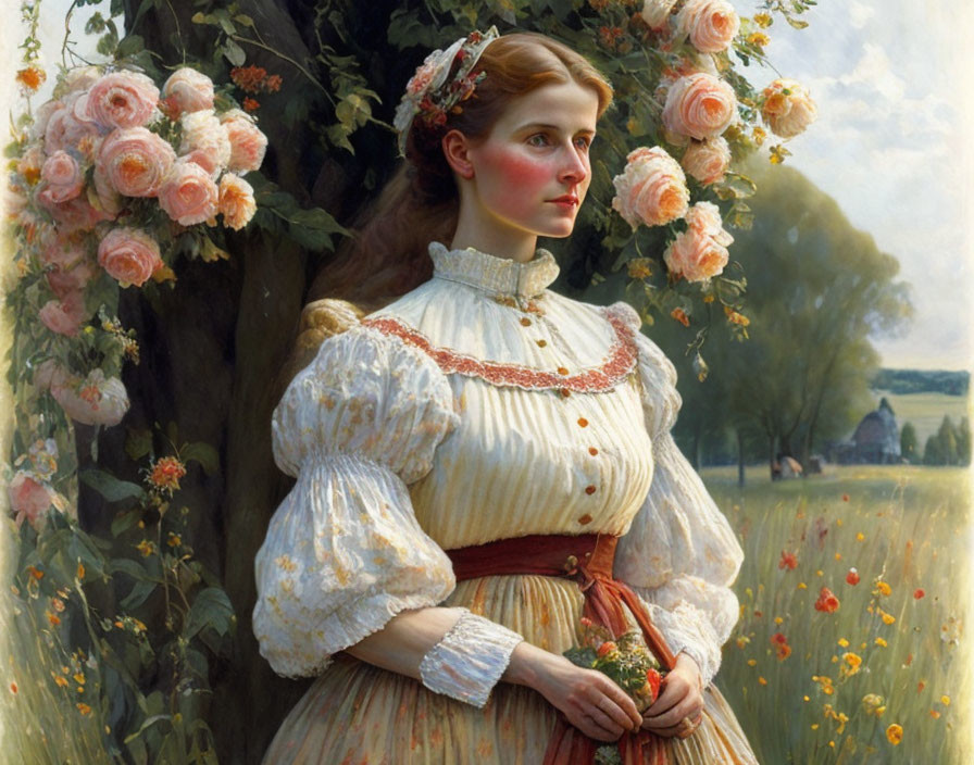 Victorian-era woman in white dress among red roses