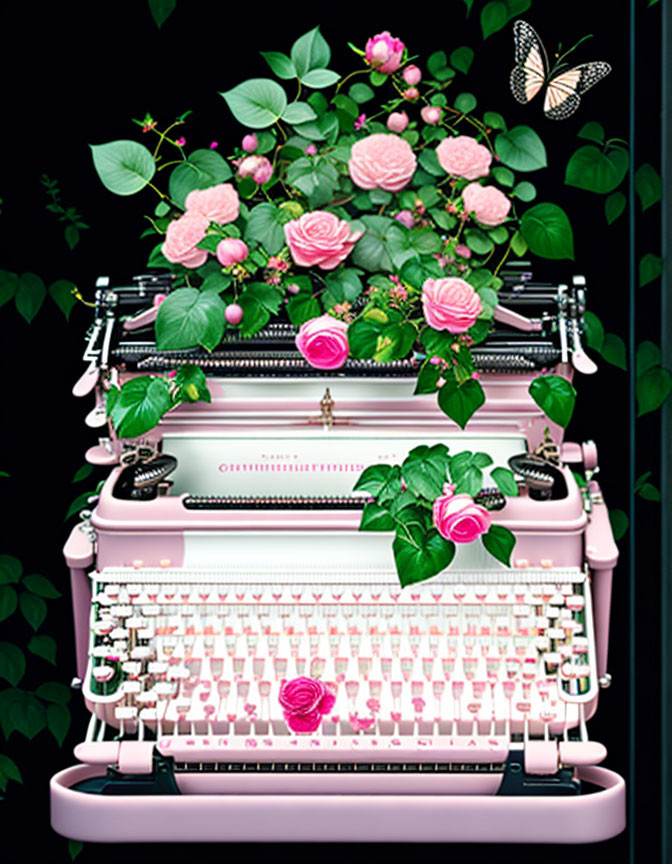 Vintage Pink Typewriter with Floral Decor and Butterfly on Dark Background