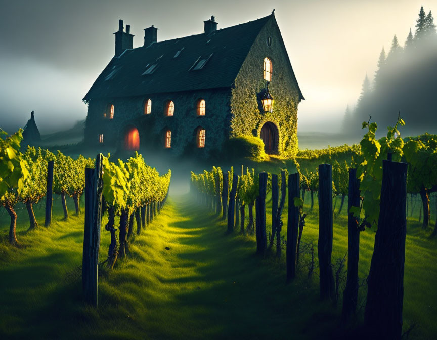 Spacious two-story house in vineyard fog at sunrise/sunset