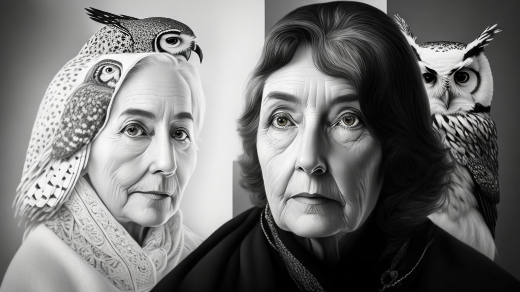 Monochrome digital art of elderly women with intense gazes and matching owls