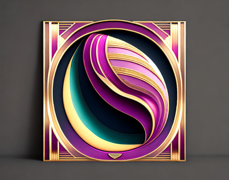 Colorful Swirling Shapes in Purple, Gold, and Blue on Golden Canvas