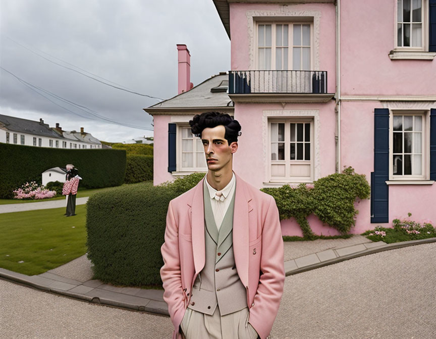 Pink Blazer Man in Front of Pink House with Manicured Lawn