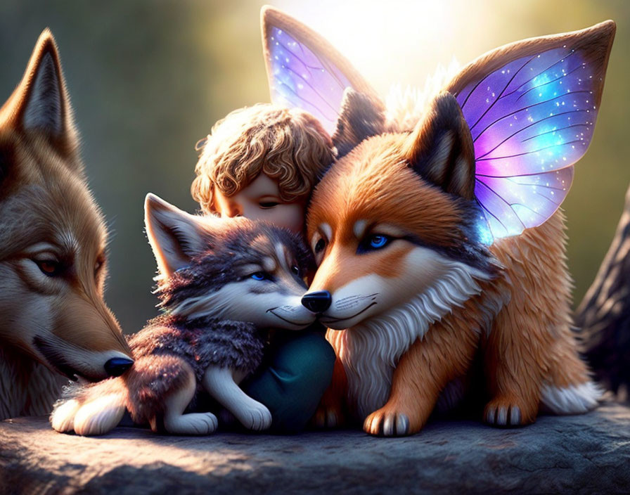 Child Embracing Large Fox with Fairy Wings and Two Smaller Foxes