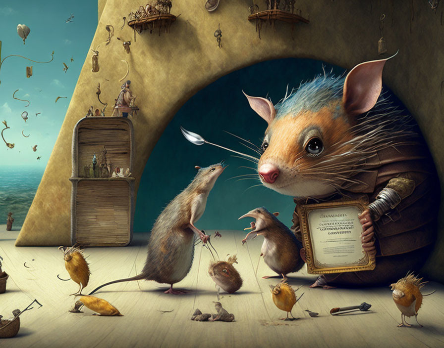 Armor-clad mouse awarded in whimsical island scene